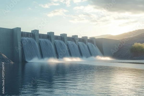 Fototapeta Scenic View of Modern Dam Structure with Water Flowing and Mountains in Background at Sunset