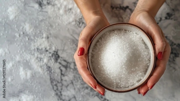 Obraz Hands Holding a Bowl of Sugar on Smooth Marble close up