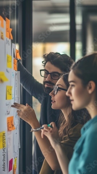 Obraz Innovation Unveiled: A group of focused colleagues engage in a planning session, reviewing notes and ideas on a board to brainstorm new strategies in their workspace.