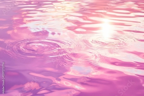 Fototapeta Abstract rippled pink world with a reflection of the sky, clouds, and sun. Empty puddle purple water or liquid creating waves.