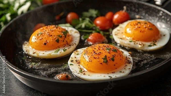 Fototapeta Frying eggs with seasoned tomatoes and herbs in a professional kitchen setting
