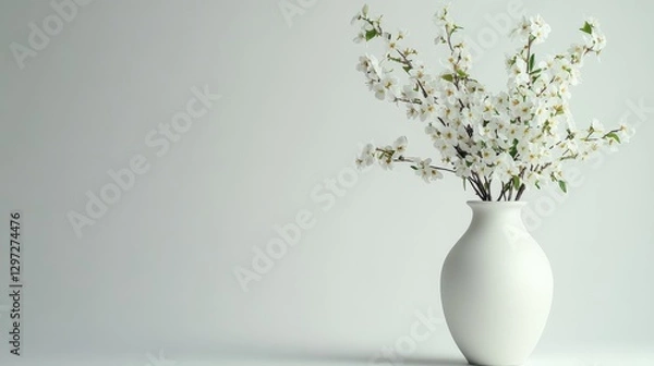 Fototapeta Unique minimalist vase with white flowers on solid background showcasing elegance