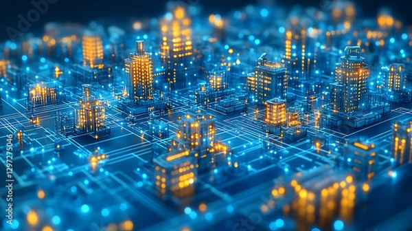 Obraz Illuminated cityscape on digital network, futuristic scene