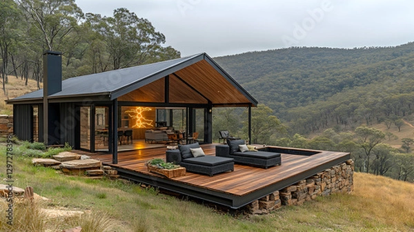 Obraz Modern hillside cabin with deck overlooking valley