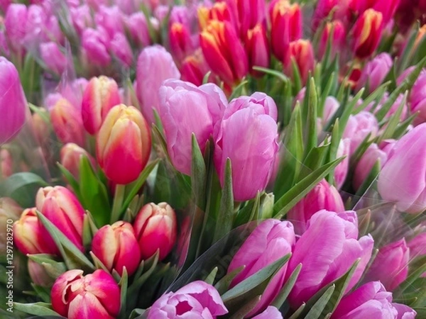 Obraz white purple yellow pink red violet multicolored tulips in bouquets in large quantities. Sea of ​​tulips. Cut tulips in bouquets