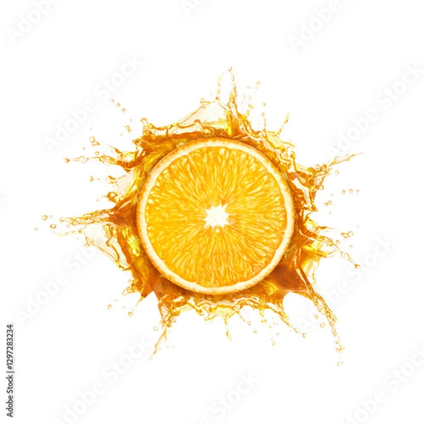 Fototapeta Fresh orange and splashing juice on white background