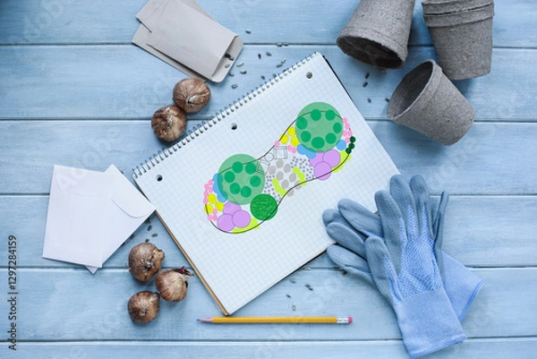 Fototapeta Gardening journal grid notebook with flower bed plan surrounded by garden gloves, pencil, seeds, flower bulbs, envelopes and peat pots on a rustic wooden table. Table top view.	