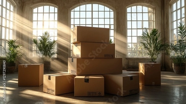 Fototapeta Neatly arranged cardboard moving boxes create a bright atmosphere in an empty room