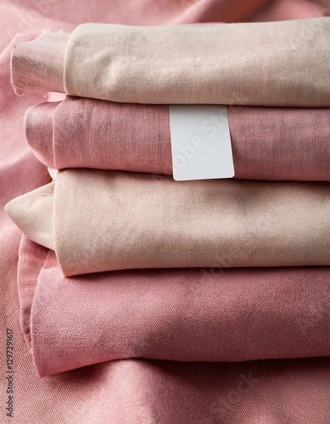 Fototapeta Soft linen fabric stacked in warm pastel colors ready for crafting or home decor projects, mockup