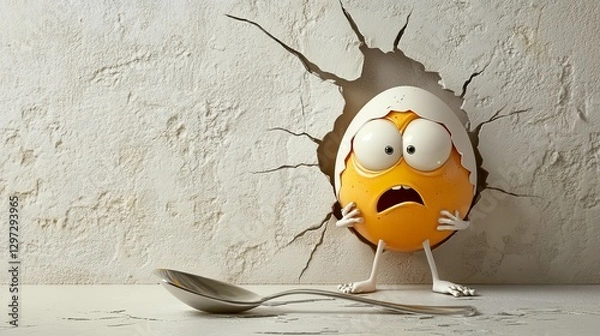 Obraz Cracking Egg Head with Spoon on White Background
