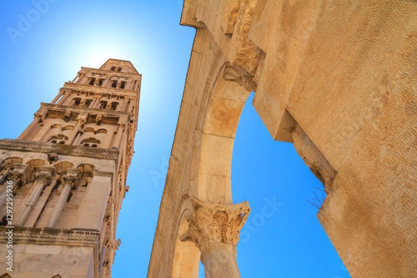 Fototapeta Cityscape - view of the bell tower of the Cathedral of Saint Domnius near the Palace of Diocletian in the Old Town of Split, the Adriatic coast of Croatia