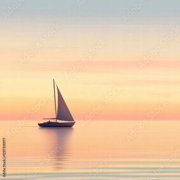 Fototapeta Sailboat gliding peacefully on calm water during sunset in a tranquil coastal setting. Generative AI