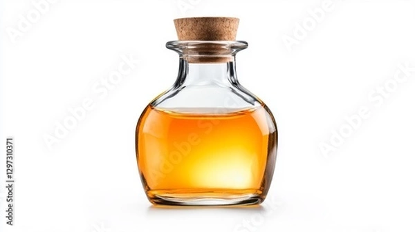 Obraz Glass bottle with cork filled with amber liquid isolated on white background. Generative AI