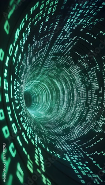 Fototapeta Dynamic visual of binary code streaming through a digital tunnel  -