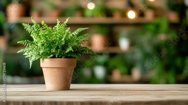 Fototapeta A charming little fern gracefully positioned in a terracotta pot, showcasing its lush green foliage against a blurred backdrop of indoor plants and warm lighting for a cozy ambiance.