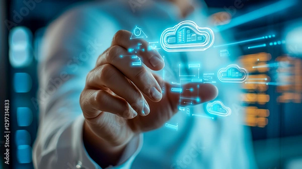 Obraz Businessman Touching Holographic Cloud Computing Interface Digital Transformation