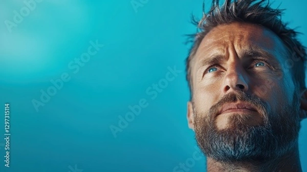 Fototapeta A rugged man with a beard and blue eyes stares intensely into the distance, portraying a sense of determination and thoughtfulness against a cool blue backdrop.
