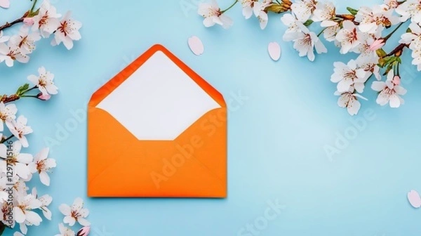 Fototapeta Open orange envelope with blank card and spring blossoms on a pastel blue background for invitations