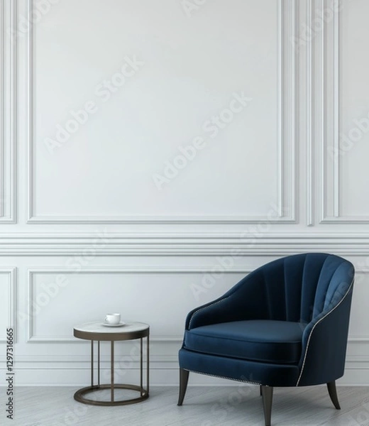 Fototapeta Empty navy blue armchair, marble side table in elegant white room