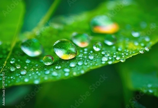 Fototapeta stunning vibrant macro shots showcasing raindrops resting serenely lush green leaves captivating details vivid colors, leaf, nature, closeup, dew, water