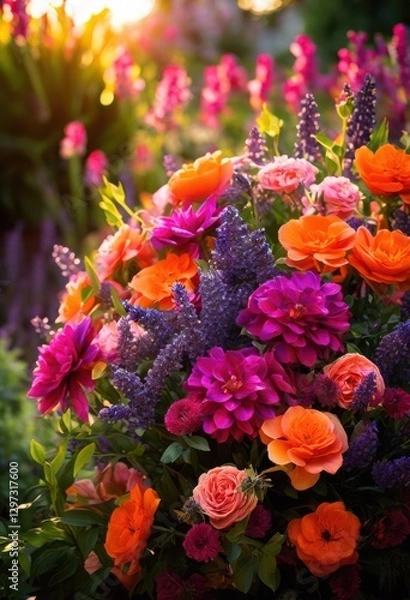 Obraz vibrant close beautifully arranged blossoming garden flowers showcasing colorful petals lush greenery captivating spring setting, bloom, arrangement, leaf, hue