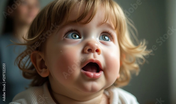 Obraz Cute baby looks surprised and curious. AI image