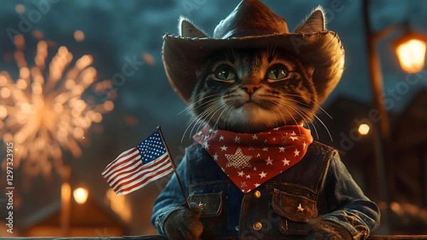 Fototapeta A fierce cowboy cat in a denim vest, leather hat, and red bandana, proudly holding an American flag. Fireworks light up the night sky, creating a bold patriotic atmosphere.