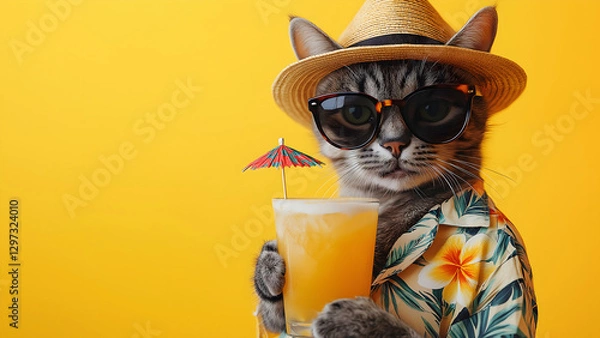 Fototapeta Banner without inscription. A stylish cat in a Hawaiian shirt, sipping a pineapple cocktail a bright yellow background. A perfect summer vacation vibe with a relaxed, fun feel