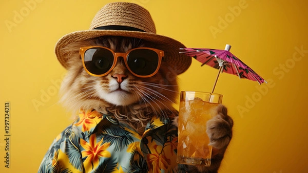 Fototapeta A banner with trendy beach cat chilling under the sun, wearing a vibrant Hawaiian outfit and sipping a fruity cocktail. A fun and playful summer scene, perfect for vacation, travel, and tropical vibes