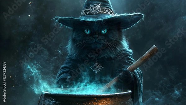 Fototapeta A mysterious black cat in a wizard’s hat and cloak, stirring a bubbling cauldron. Blue-green magical mist swirls around, creating an enchanting Halloween atmosphere