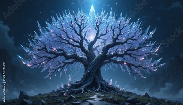 Fototapeta Side view of a mythical tree with crystal branches