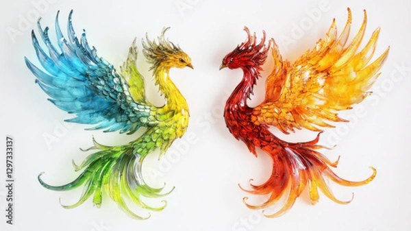 Fototapeta Colorful Glass Sculptures of Two Mythical Phoenix Birds