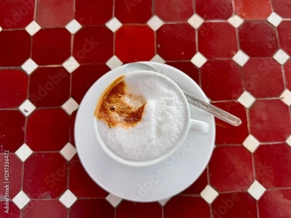Obraz Cup of coffee on a tiled table in a cafe in the old Medina Marrakesh Morocco North Africa