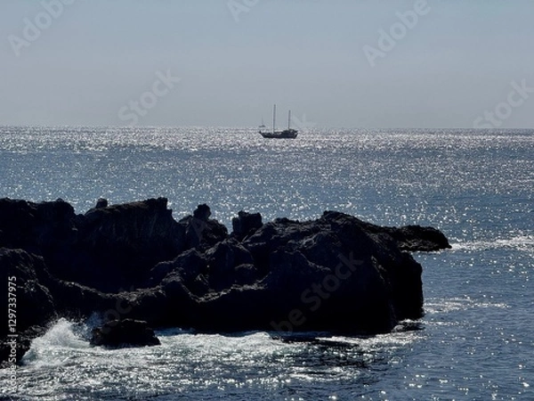 Obraz Seascape with sail ship, blue sea and sky and rocks