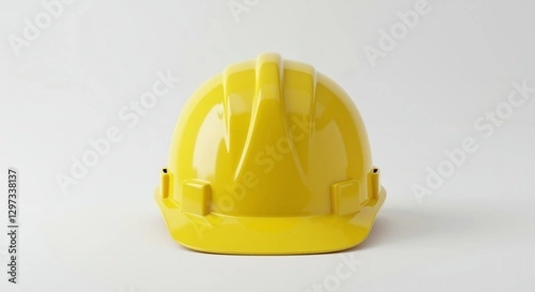 Obraz Yellow construction hard hat positioned centrally on a clean white background, creating a minimalistic and professional feel, symbolizing workplace safety and labor standards
