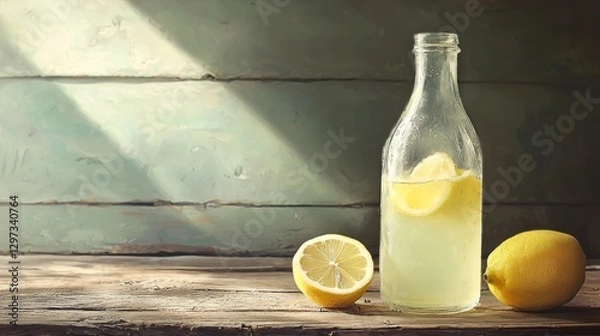 Fototapeta Lemonade in glass bottle with lemons on wooden table.