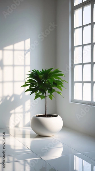 Fototapeta Inviting White Room with a Small Green Tree in a White Pot Positioned in the Corner Glowing in the Soft Sunlight Coming Through the Window interior Stock Photo
