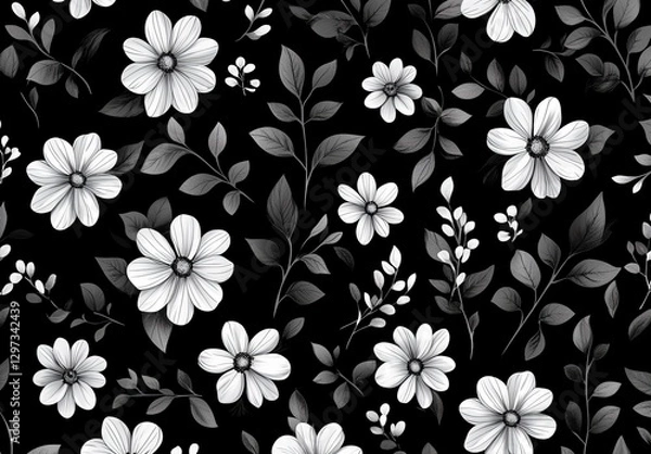Fototapeta Black and white floral pattern seamless repeat design