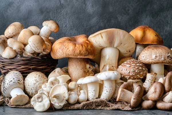 Fototapeta Variety of fresh edible mushrooms on rustic background