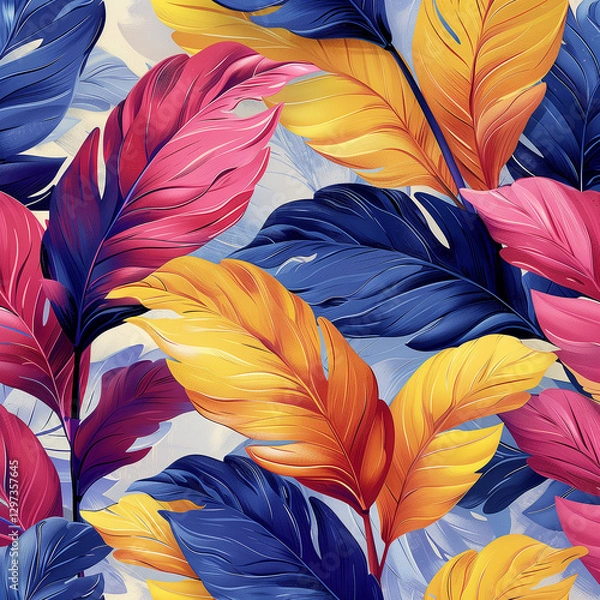 Fototapeta Large stylized pink and yellow leaves on white background with blue and purple accents. Playful yet sophisticated design for various applications.