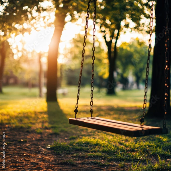 Fototapeta A swing in a blooming spring park symbolizes the beginning of a new life, creating an atmosphere of lightness and hope. The concept of a new stage in life
