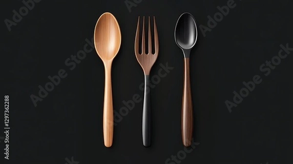 Fototapeta Elegant Wooden and Black Utensil Set on Dark Background AI Generated