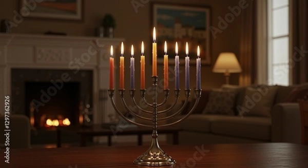 Fototapeta Elegant menorah with colorful candles creating a warm and inviting atmosphere in a cozy living room, surrounded by soft lighting and tasteful decor