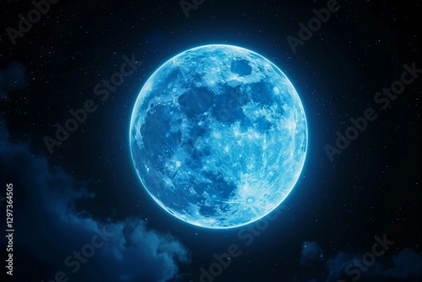 Fototapeta Majestic glowing blue moon in a dark sky with shining stars, large and bright full moon in black space.