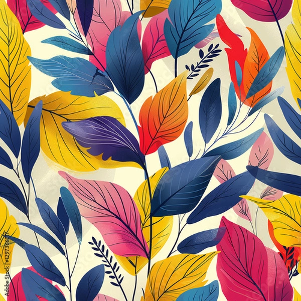 Fototapeta Abstract Leaf Pattern in Pink, Yellow, Blue, Purple, and Green Colors with Simple Shapes and Bold Lines