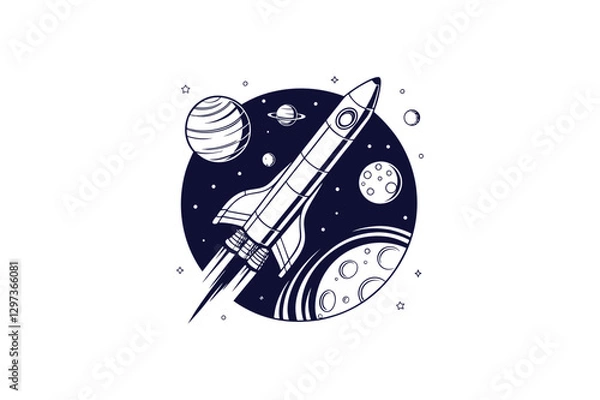 Obraz rocket with planet silhouette line art vector illustration