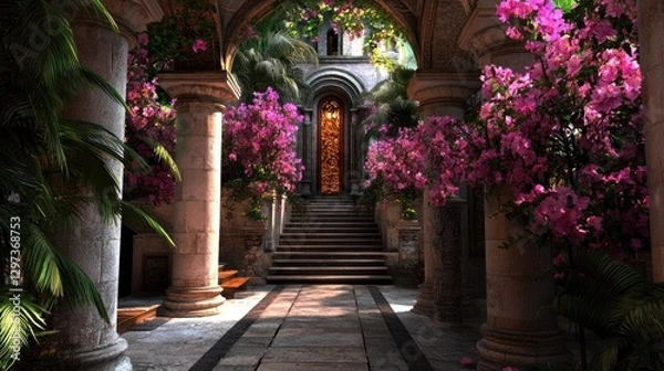 Fototapeta Serene courtyard adorned with vibrant flowers, leading to a grand entrance, surrounded by lush greenery
