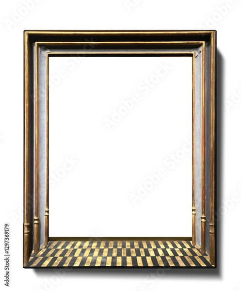 Fototapeta Elegant Vertical Frame with Chess-Style Tiled Bottom | Minimalist Gold Frame for Artwork & Photography