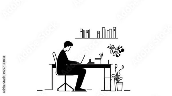 Fototapeta A man is sitting at a desk with a laptop and a potted plant
