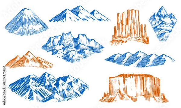 Fototapeta set of different mountain peaks and hills badges. hand drawn illustrations of snowy and rocky mountains from the world. for badges water bottles and other ecology usage